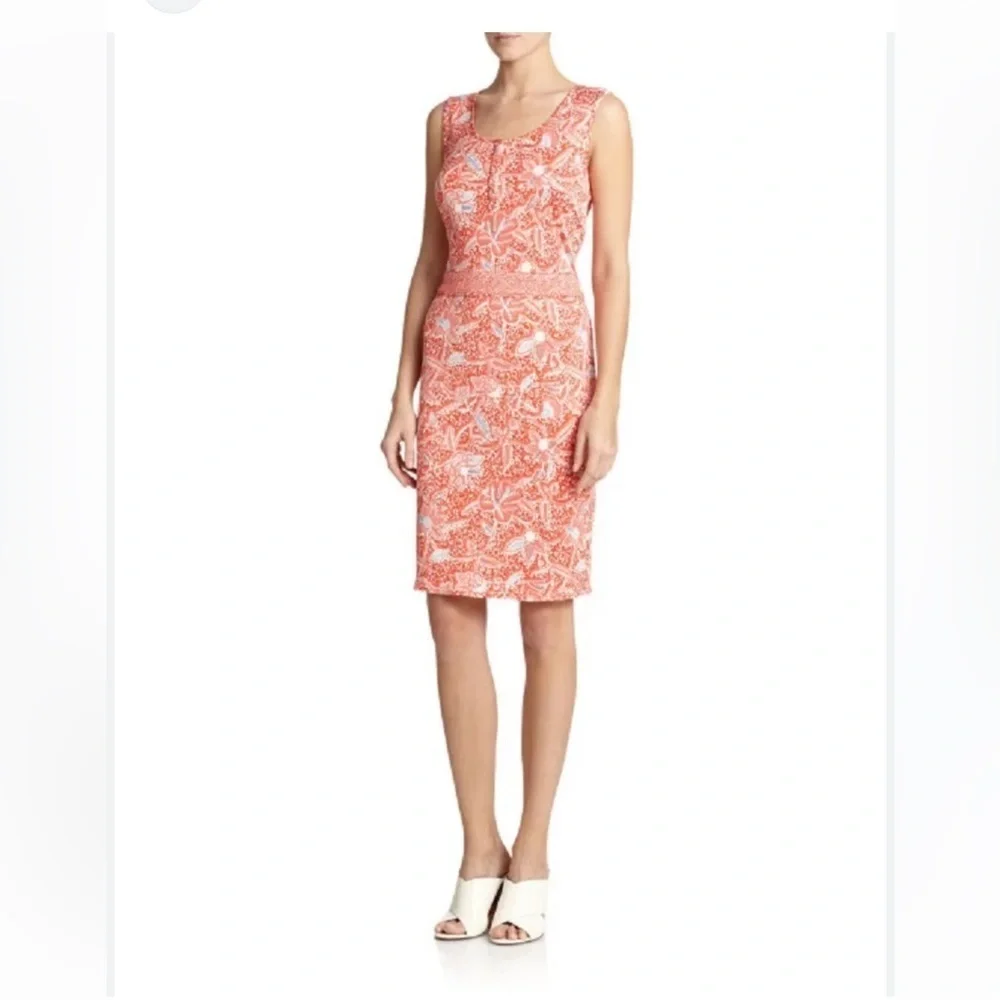 TORY BURCH orange floral stretchy SILK KNIT DRESS. Sleeveless zippered side Med